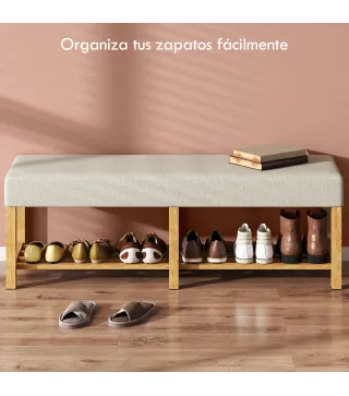 Banco Zapatero con Asiento Acolchado 2 Personas Estante Abierto Marco de Madera 140x44x48 cm Crema y Madera Natural