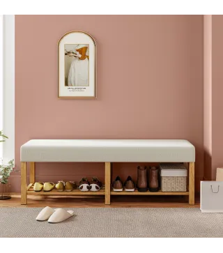 Banco Zapatero con Asiento Acolchado 2 Personas Estante Abierto Marco de Madera 140x44x48 cm Crema y Madera Natural