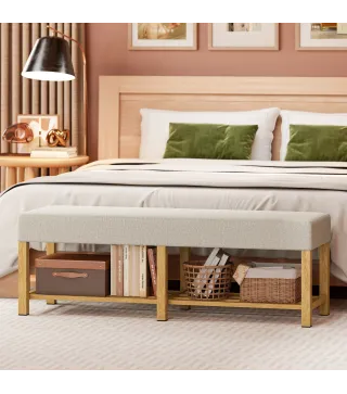 Banco Zapatero con Asiento Acolchado 2 Personas Estante Abierto Marco de Madera 140x44x48 cm Crema y Madera Natural