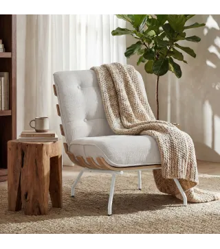 Butaca de Salón Tapizada en Lino con Asiento Acolchado Soporte con Listones Estructura de Acero Crema