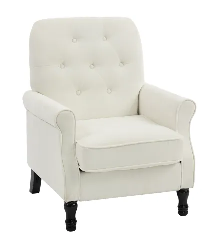 Sofá Individual Tapizado en Lino Asiento Acolchado Grueso Respaldo Capitoné Patas de Madera Maciza Crema