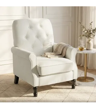 Sofá Individual Tapizado en Lino Asiento Acolchado Grueso Respaldo Capitoné Patas de Madera Maciza Crema