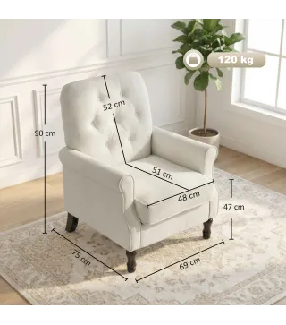 Sofá Individual Tapizado en Lino Asiento Acolchado Grueso Respaldo Capitoné Patas de Madera Maciza Crema