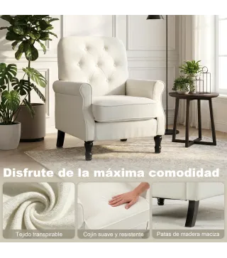 Sofá Individual Tapizado en Lino Asiento Acolchado Grueso Respaldo Capitoné Patas de Madera Maciza Crema