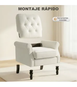 Sofá Individual Tapizado en Lino Asiento Acolchado Grueso Respaldo Capitoné Patas de Madera Maciza Crema