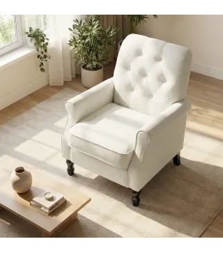 Sofá Individual Tapizado en Lino Asiento Acolchado Grueso Respaldo Capitoné Patas de Madera Maciza Crema