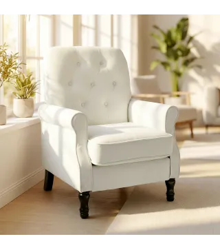 Sofá Individual Tapizado en Lino Asiento Acolchado Grueso Respaldo Capitoné Patas de Madera Maciza Crema