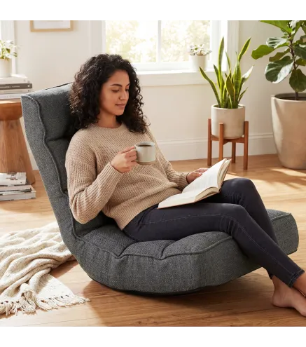 Silla de Suelo Plegable Silla de Lectura Giratoria 360° con Respaldo Ajustable en 5 Posiciones 58x107x79 cm Gris