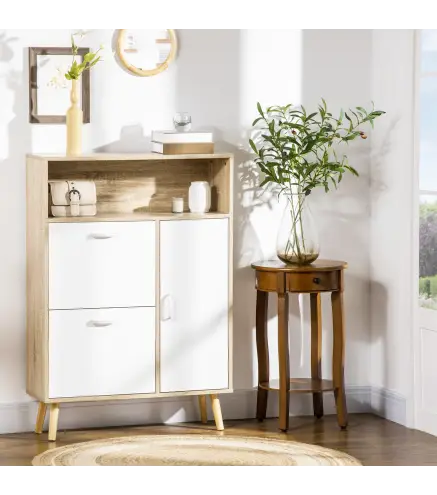 Mueble Zapatero para 8 Pares de Calzado con 2 Cajones Abatibles Armario y Balda 80x25,5x112,5 cm Natural y Blanco