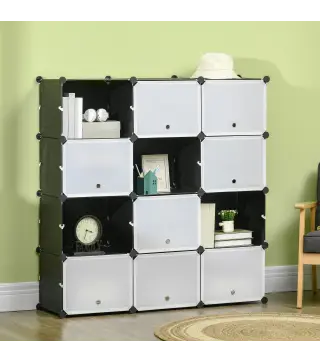 Armario Modular de Plástico Armario Portátil con 12 Cubos Organizador de Zapatos 125x32x125 cm Negro y Blanco