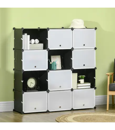 Armario Modular de Plástico Armario Portátil con 12 Cubos Organizador de Zapatos 125x32x125 cm Negro y Blanco