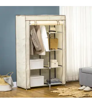 Armario de Tela Plegable Ropero Portátil con 6 Estantes y 1 Barra de Colgar para Dormitorio 103x43x162,5cm Crema
