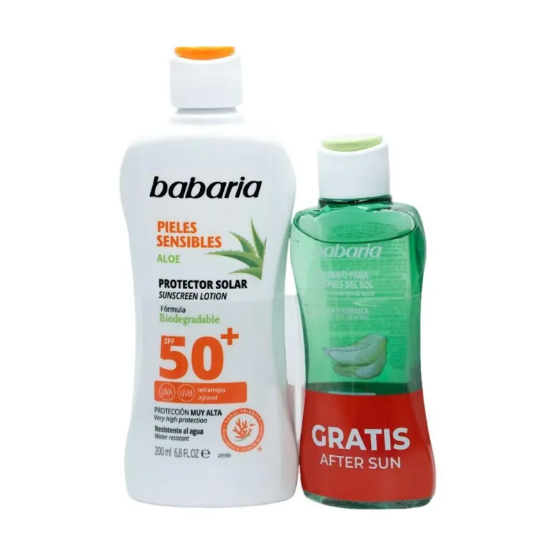BABARIA ALOE PROTECTOR SOLAR SPF50+ PIEL SENSIBLE RESISTENTE AL AGUA 200ML + BALSAMO AFTER SUN 1U