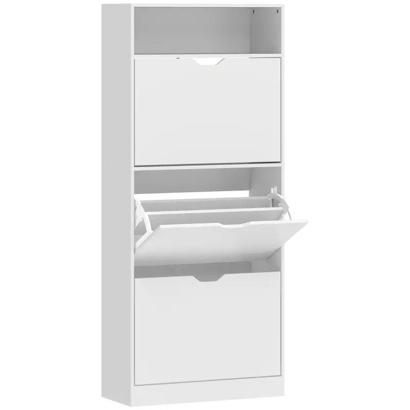 Zapatero Estrecho con 3 Cajones Abatibles Estantes Ajustables y Compartimento Abierto Capacidad para 12-18 Pares Blanco