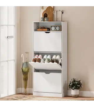 Zapatero Estrecho con 3 Cajones Abatibles Estantes Ajustables y Compartimento Abierto Capacidad para 12-18 Pares Blanco