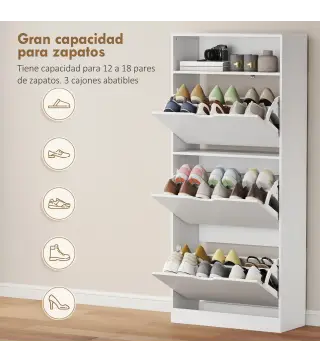 Zapatero Estrecho con 3 Cajones Abatibles Estantes Ajustables y Compartimento Abierto Capacidad para 12-18 Pares Blanco