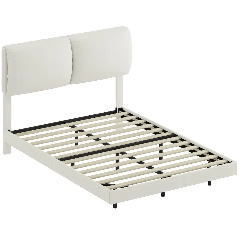 Cama Doble de 135x190 cm Somier con Cabecero Acolchado Efecto Flotante Estructura Metálica Beige
