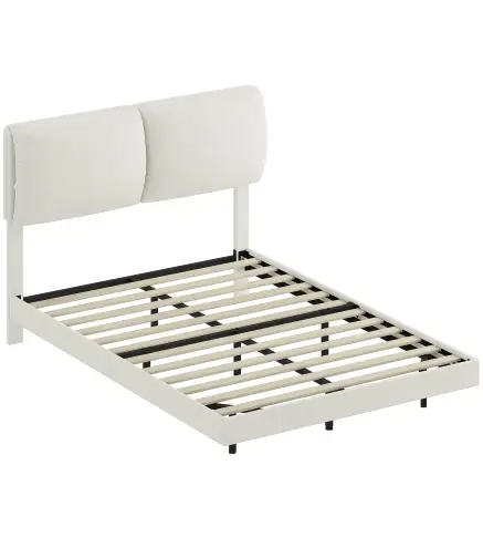 Cama Doble de 135x190 cm Somier con Cabecero Acolchado Efecto Flotante Estructura Metálica Beige