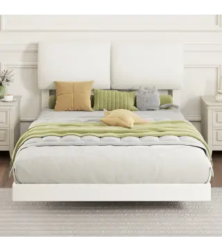 Cama Doble de 135x190 cm Somier con Cabecero Acolchado Efecto Flotante Estructura Metálica Beige