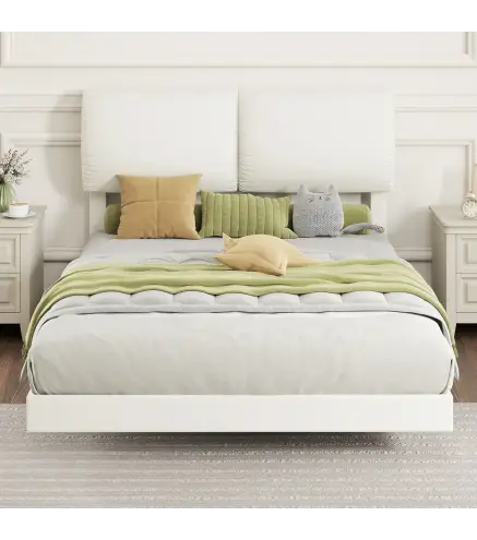 Cama Doble de 135x190 cm Somier con Cabecero Acolchado Efecto Flotante Estructura Metálica Beige