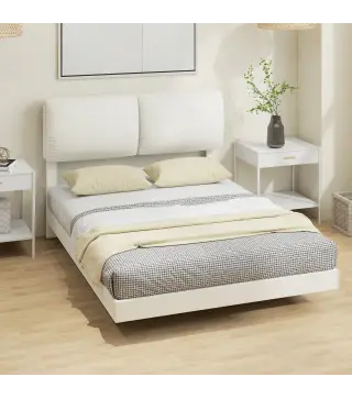 Cama Doble de 135x190 cm Somier con Cabecero Acolchado Efecto Flotante Estructura Metálica Beige