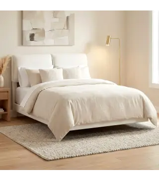 Cama Doble de 135x190 cm Somier con Cabecero Acolchado Efecto Flotante Estructura Metálica Beige