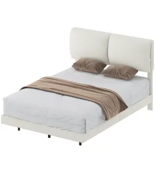 Cama Doble de 135x190 cm Somier con Cabecero Acolchado Efecto Flotante Estructura Metálica Beige