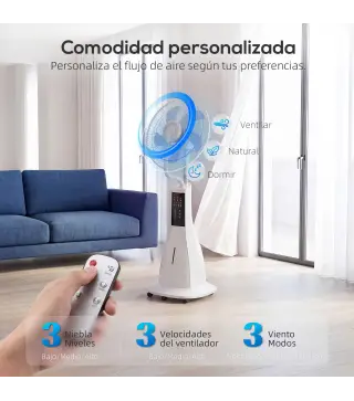 Ventilador Nebulizador 90W Oscilación de 75° 3 Velocidades 5 Aspas Depósito de Agua de 3L 5 Ruedas Control Remoto