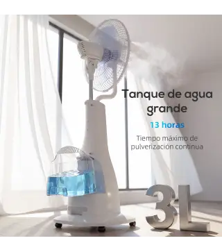 Ventilador Nebulizador 90W Oscilación de 75° 3 Velocidades 5 Aspas Depósito de Agua de 3L 5 Ruedas Control Remoto
