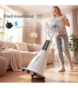 Ventilador Nebulizador 90W Oscilación de 75° 3 Velocidades 5 Aspas Depósito de Agua de 3L 5 Ruedas Control Remoto