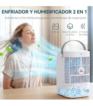 Mini Enfriador de Aire 4 en 1 con 4 Velocidades 2 Modos de Nebulización Luz LED RGB de 7 Colores Blanco