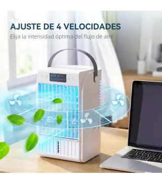 Mini Enfriador de Aire 4 en 1 con 4 Velocidades 2 Modos de Nebulización Luz LED RGB de 7 Colores Blanco