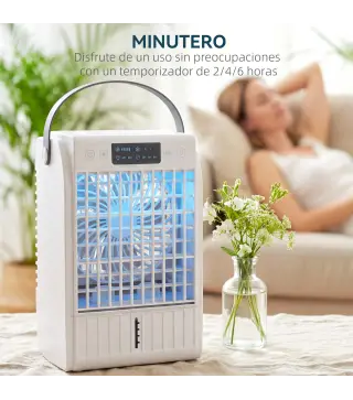 Mini Enfriador de Aire 4 en 1 con 4 Velocidades 2 Modos de Nebulización Luz LED RGB de 7 Colores Blanco