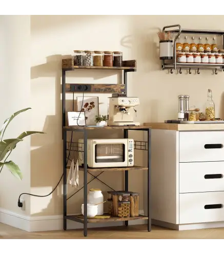 Estantería de Cocina con 2 Tomacorrientes Estante para Microondas Estante Ajustable Ganchos 60x42x137 cm Marrón Rústico