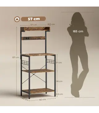 Estantería de Cocina con 2 Tomacorrientes Estante para Microondas Estante Ajustable Ganchos 60x42x137 cm Marrón Rústico