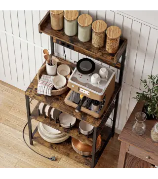 Estantería de Cocina con 2 Tomacorrientes Estante para Microondas Estante Ajustable Ganchos 60x42x137 cm Marrón Rústico