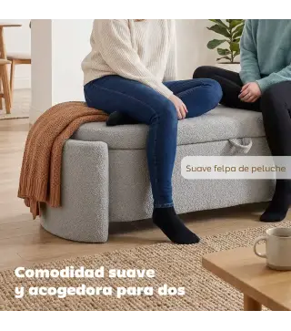 Puff Almacenaje Banco Almacenaje Ovalado 129x48,5x44 cm Tapizado en Terciopelo de Teddy Carga 200 kg Gris Claro