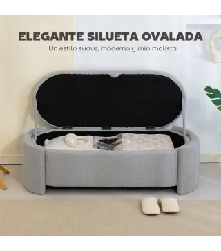 Puff Almacenaje Banco Almacenaje Ovalado 129x48,5x44 cm Tapizado en Terciopelo de Teddy Carga 200 kg Gris Claro