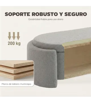 Puff Almacenaje Banco Almacenaje Ovalado 129x48,5x44 cm Tapizado en Terciopelo de Teddy Carga 200 kg Gris Claro