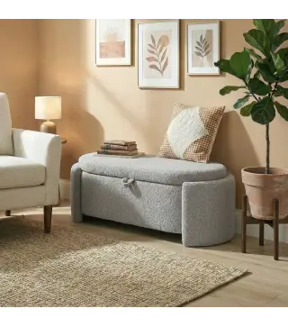 Puff Almacenaje Banco Almacenaje Ovalado 129x48,5x44 cm Tapizado en Terciopelo de Teddy Carga 200 kg Gris Claro