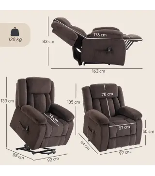 Sillón Relax Reclinable Eléctrico Levanta Personas con Puerto USB Control Remoto Asiento Ancho Reposapiés Marrón