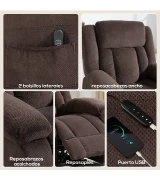 Sillón Relax Reclinable Eléctrico Levanta Personas con Puerto USB Control Remoto Asiento Ancho Reposapiés Marrón