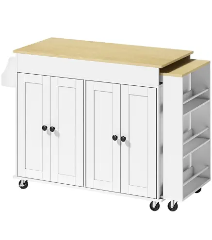 Isla de Cocina con Ruedas Encimera Extensible 4 Puertas Estantes Ajustables Especiero y Soporte para Toallas Blanco
