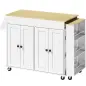 Isla de Cocina con Ruedas Encimera Extensible 4 Puertas Estantes Ajustables Especiero y Soporte para Toallas Blanco
