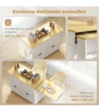 Isla de Cocina con Ruedas Encimera Extensible 4 Puertas Estantes Ajustables Especiero y Soporte para Toallas Blanco