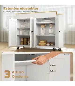 Isla de Cocina con Ruedas Encimera Extensible 4 Puertas Estantes Ajustables Especiero y Soporte para Toallas Blanco