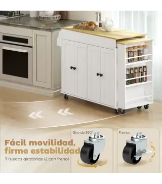 Isla de Cocina con Ruedas Encimera Extensible 4 Puertas Estantes Ajustables Especiero y Soporte para Toallas Blanco