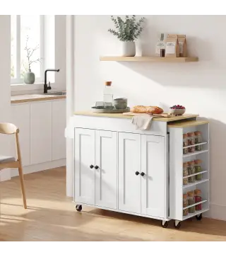 Isla de Cocina con Ruedas Encimera Extensible 4 Puertas Estantes Ajustables Especiero y Soporte para Toallas Blanco