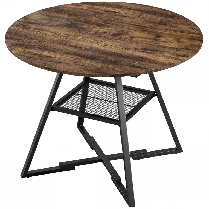 Mesa de Comedor Redonda para 4 Personas con Estante Marco Metálico para Sala de Estar Ø100x76 cm Marrón Rústico