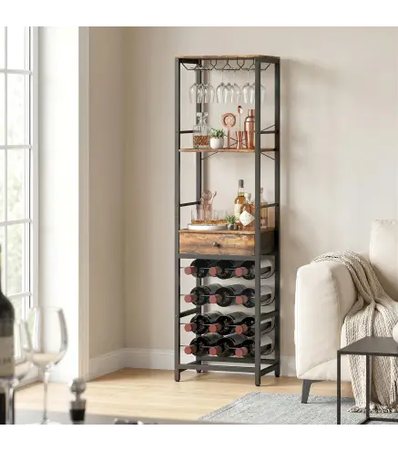 Mueble de Bar para Vinos con Soporte de Copas y Cajón Botellero para 12 Botellas con Estante Abierto Marrón Rústico